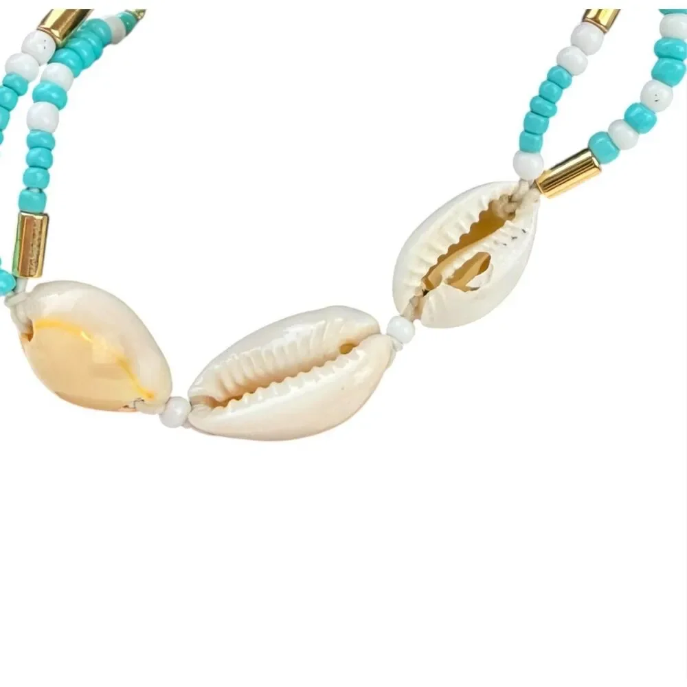 J.Crew 3-In-1 Strand Cowrie Shell Turquoise White Bead Tassel Bracelet Gold